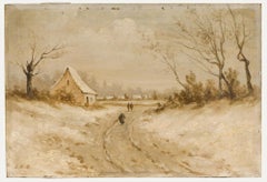 Óleo del siglo XIX - Caminando por la nieve