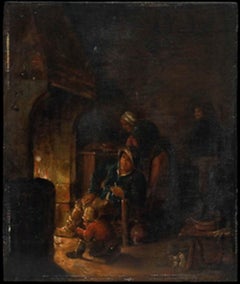 19th Century Oil - Warming Up by the Fire
