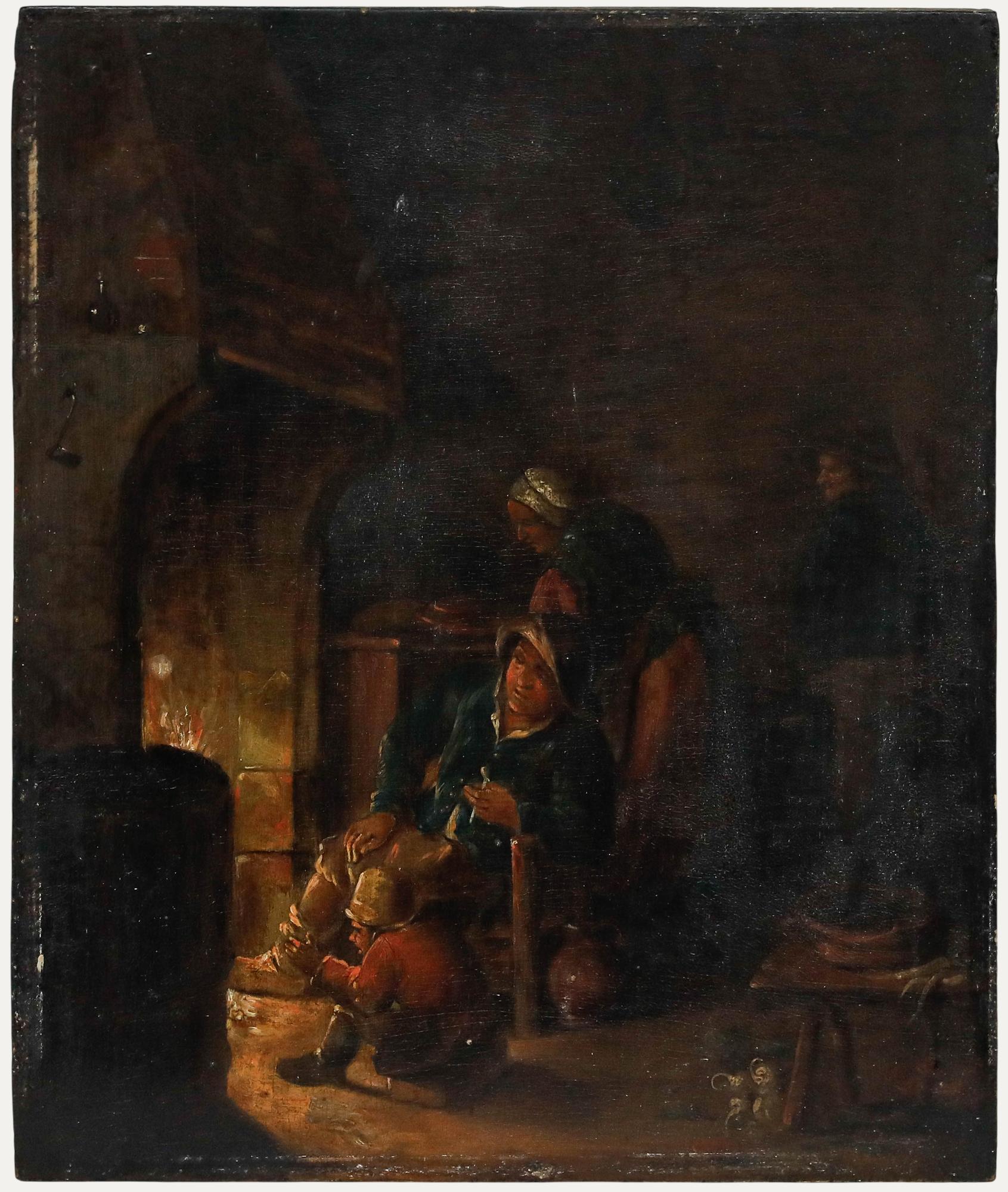 Unknown Figurative Painting - 19th Century Oil - Warming Up by the Fire