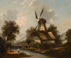 Huile du 19e siècle - Moulin à vent au bord de la rivière