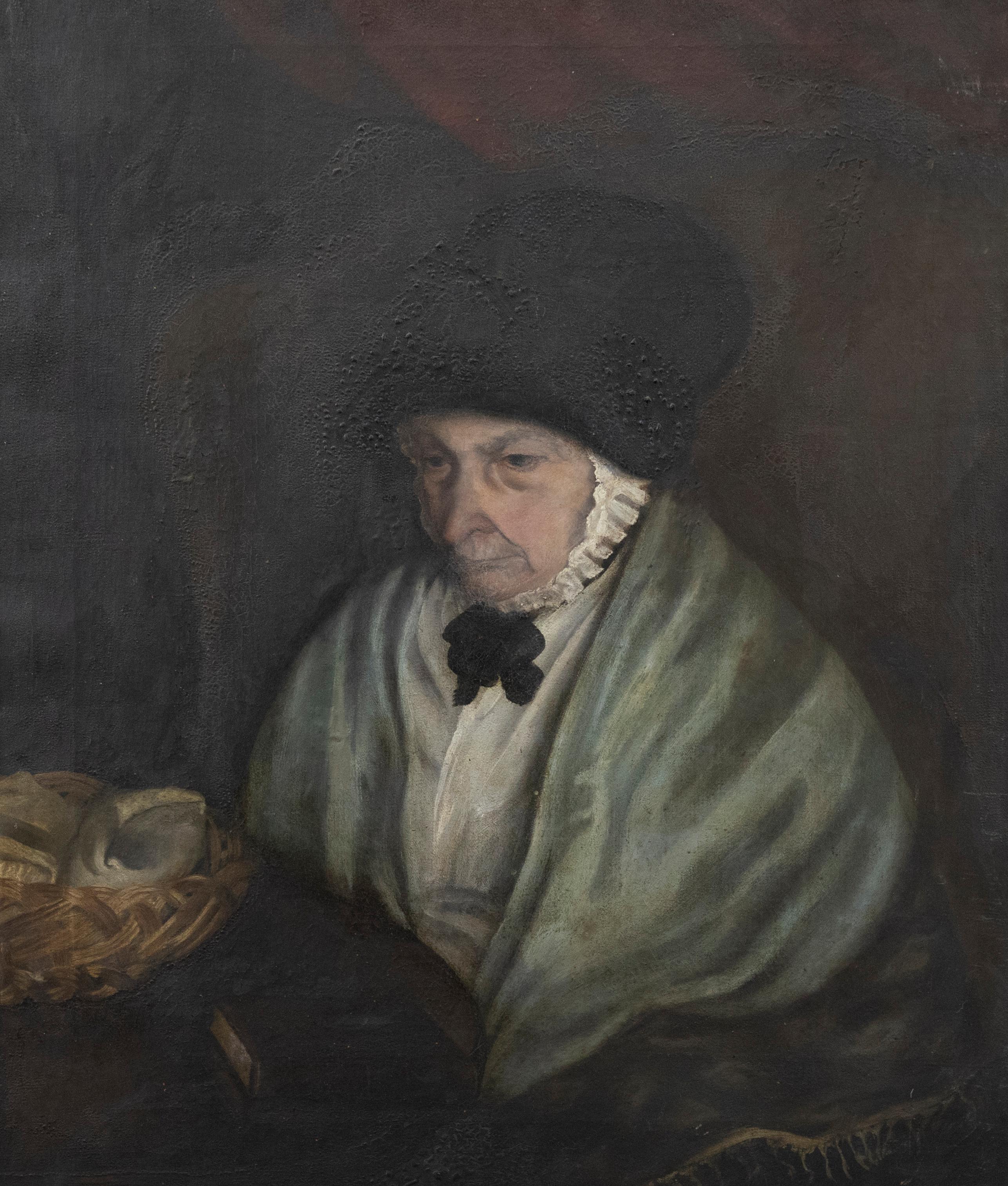 Portrait Painting Unknown - Huile du 19e siècle - Femme avec coquillages