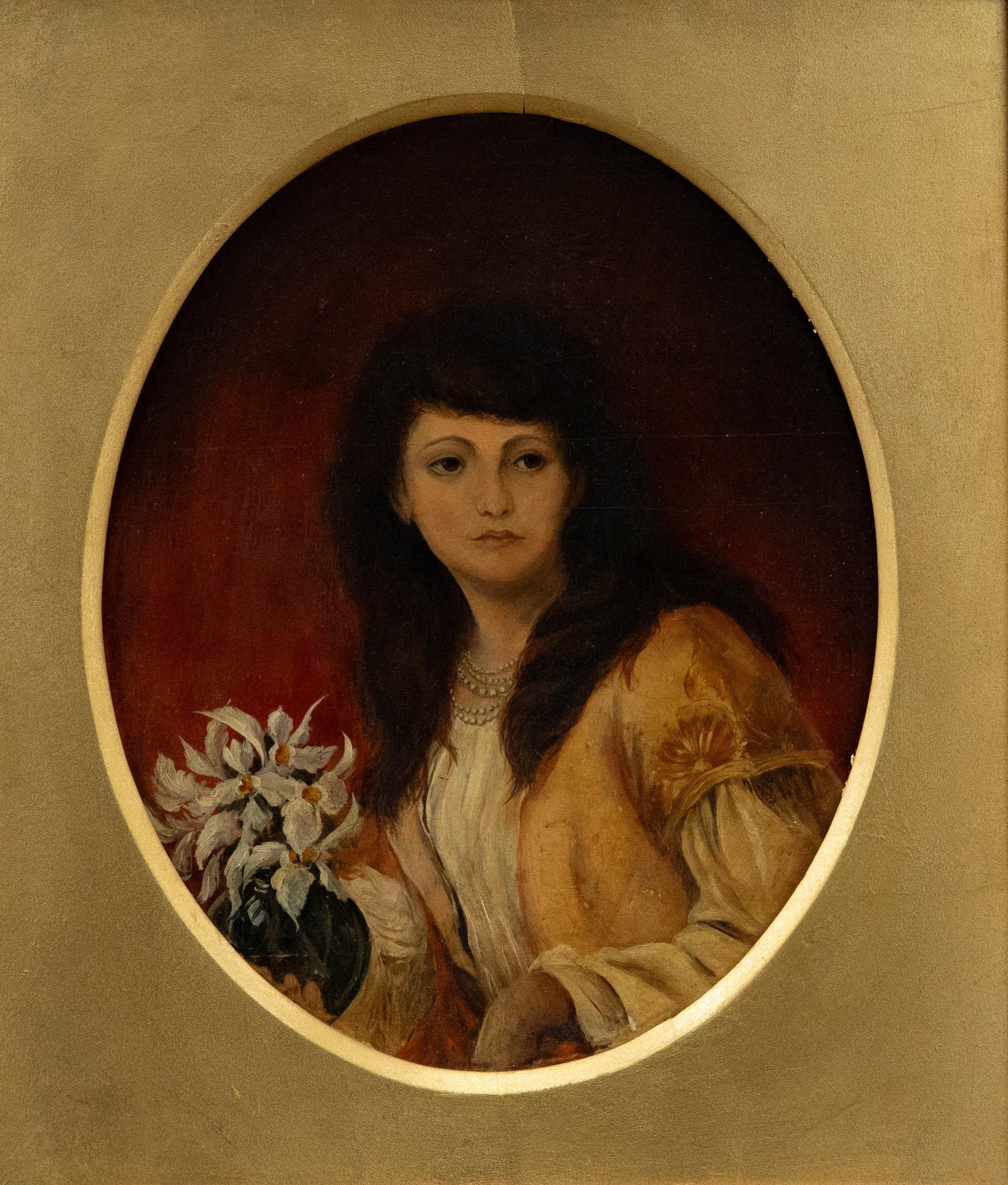 Ölgemälde des 19. Jahrhunderts – Frau mit weißen Irisen – Painting von Unknown