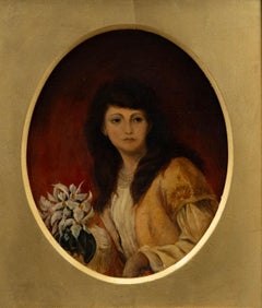 19th Century Oil - Woman with White Irises