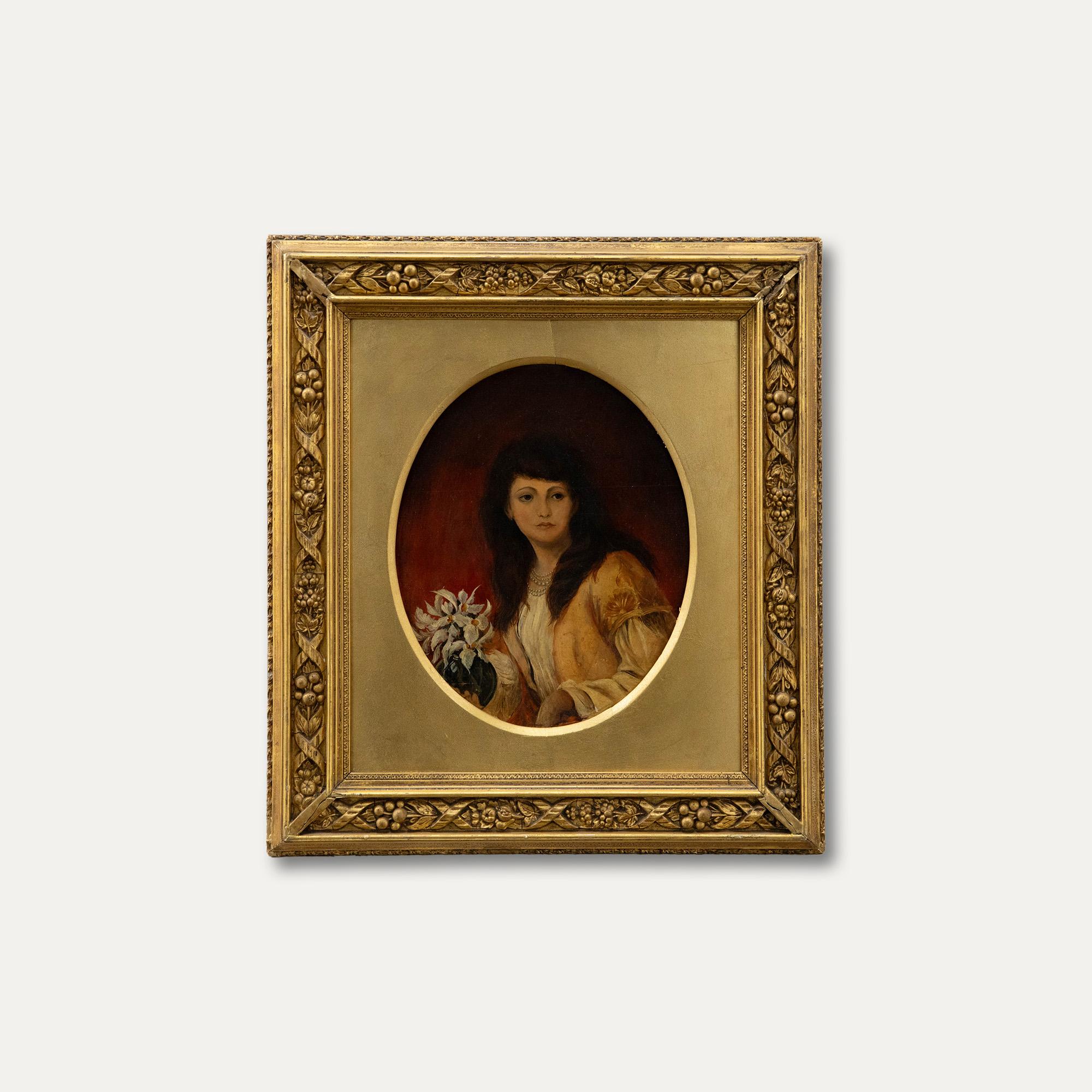 19th Century Oil - Woman with White Irises For Sale 1