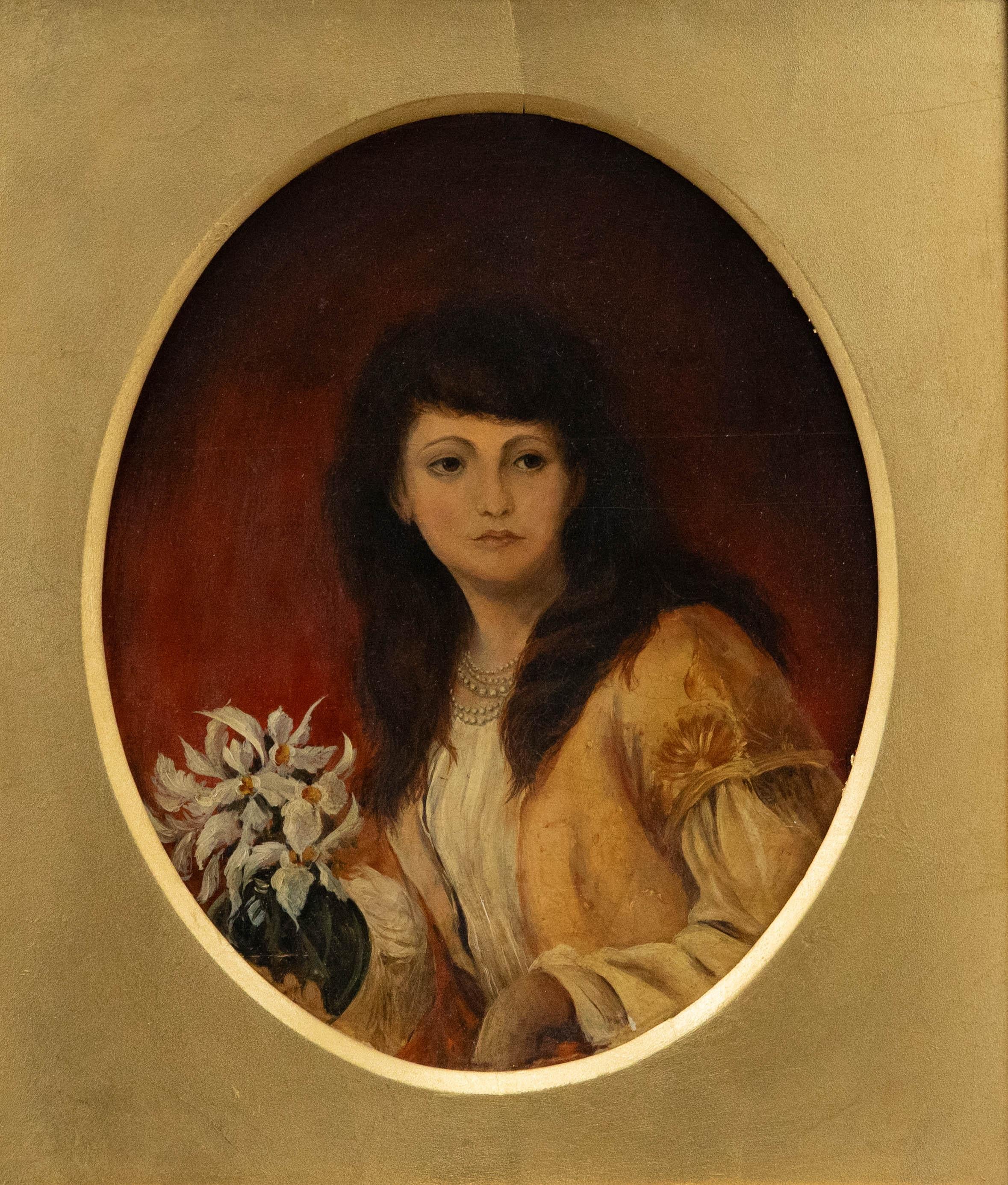 Unknown Portrait Painting – Ölgemälde des 19. Jahrhunderts – Frau mit weißen Irisen