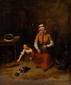 19th Century Oil - Young Girl Playing with a Cat