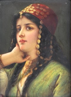 19th Century Orientalist Portrait of a Gypsy Woman, Enamel on Porcelain Plaque