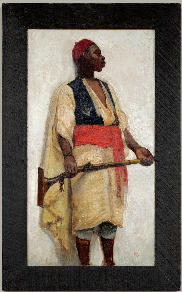 19th Century Orientalist School Portrait of an African Guard Oil Dated 1891 - Painting by Unknown