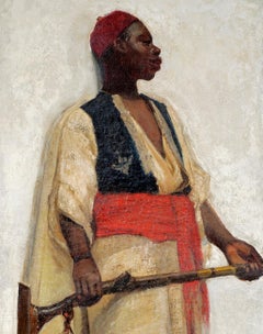 Antique 19th Century Orientalist School Portrait of an African Guard Oil Dated 1891