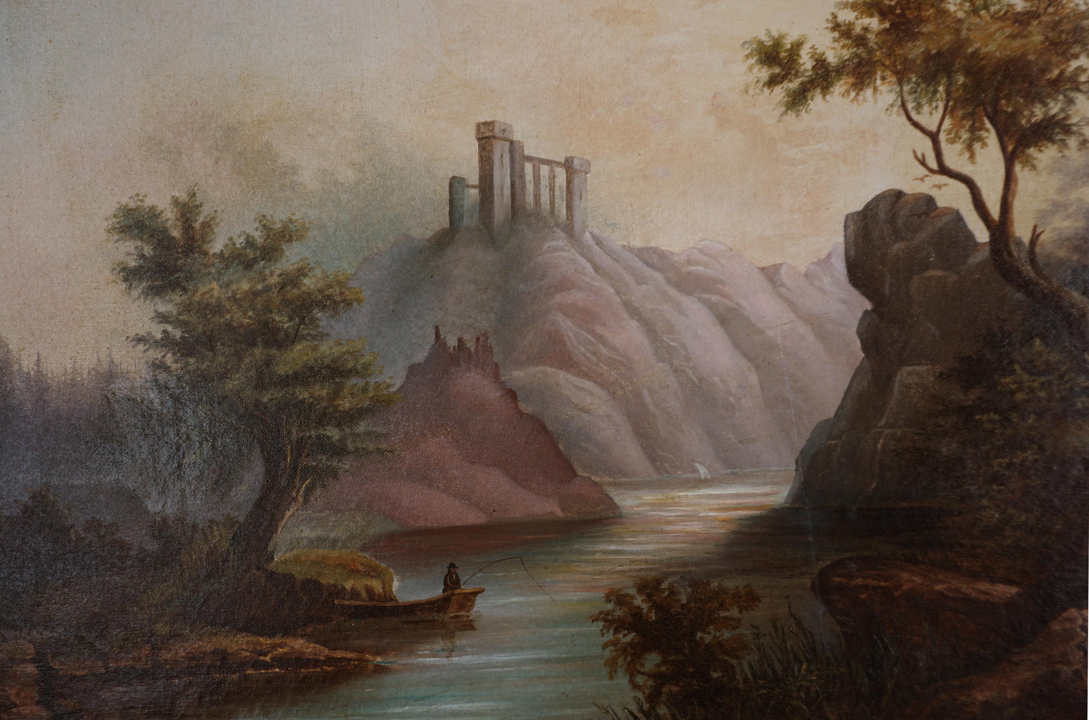 Peinture à l'huile originale du milieu du 19e siècle représentant la pêche sur un loch écossais dans le style d'Alexander Nasmyth 

Magnifique peinture de paysage du 19e siècle représentant un loch écossais avec des pêcheurs et des ruines de château