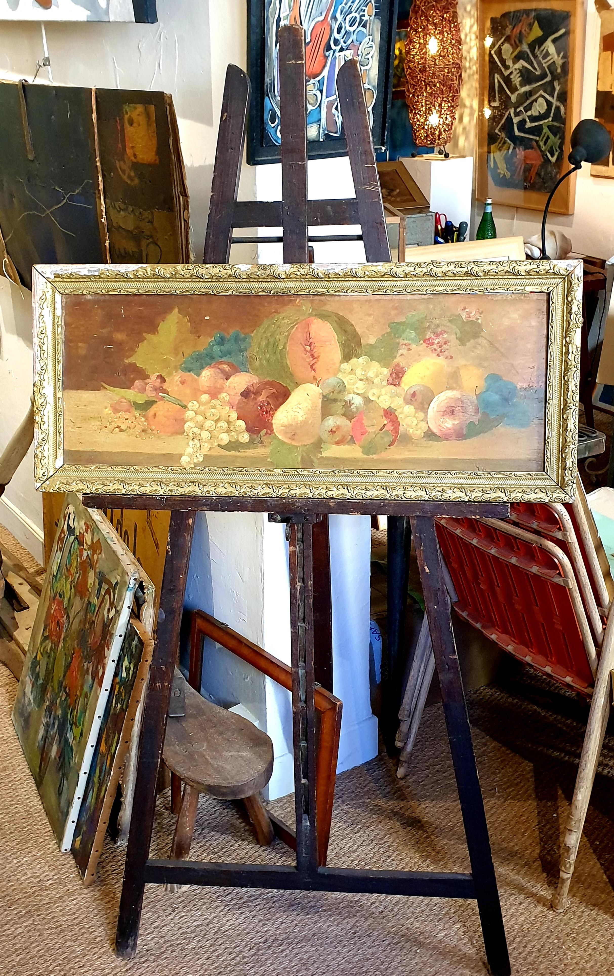 19th Century Overdoor Trumeau, Still Life Oil on Panel of a Cornucopia of Fruit. For Sale 11