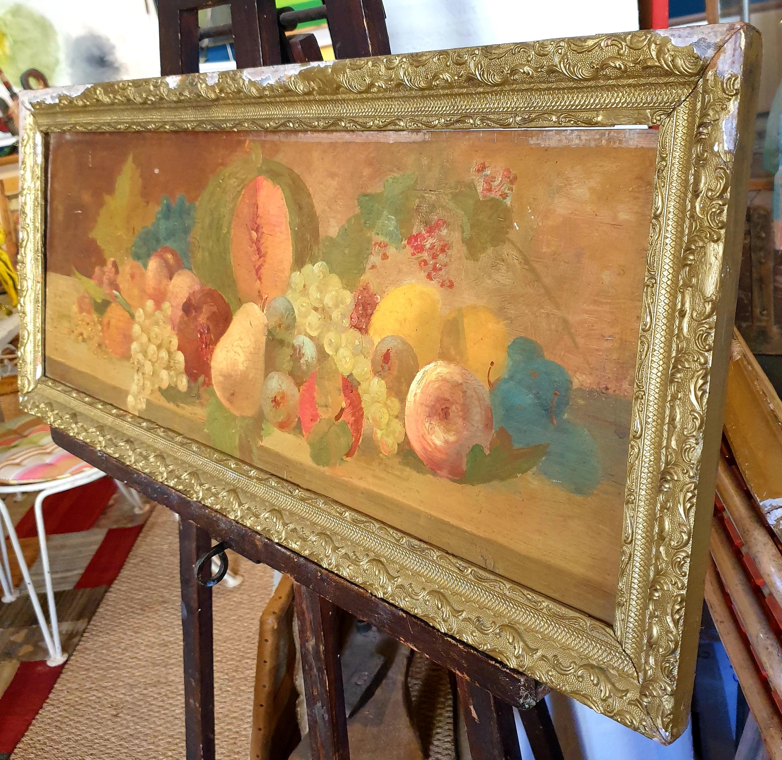 19th Century Overdoor Trumeau, Still Life Oil on Panel of a Cornucopia of Fruit. For Sale 14