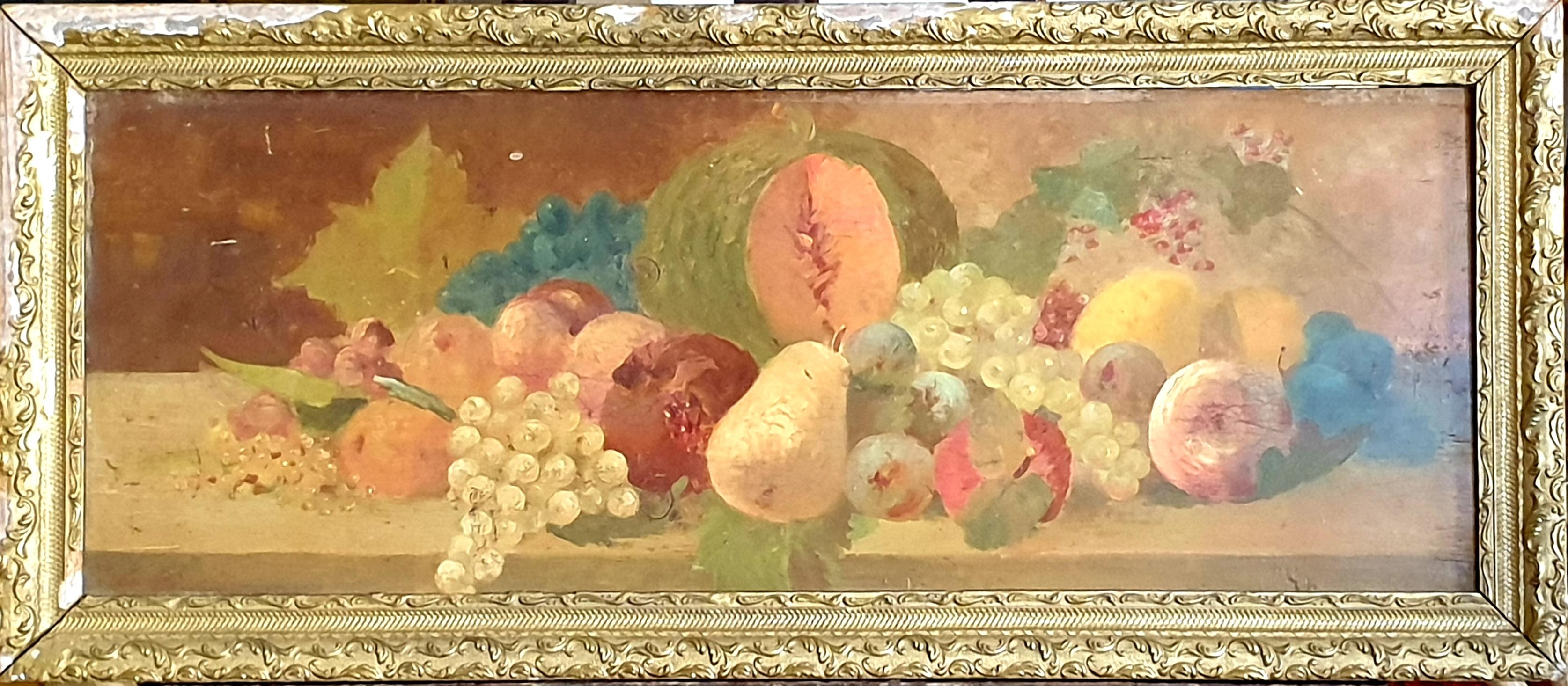 19th Century Overdoor Trumeau, Still Life Oil on Panel of a Cornucopia of Fruit. - Painting by Unknown