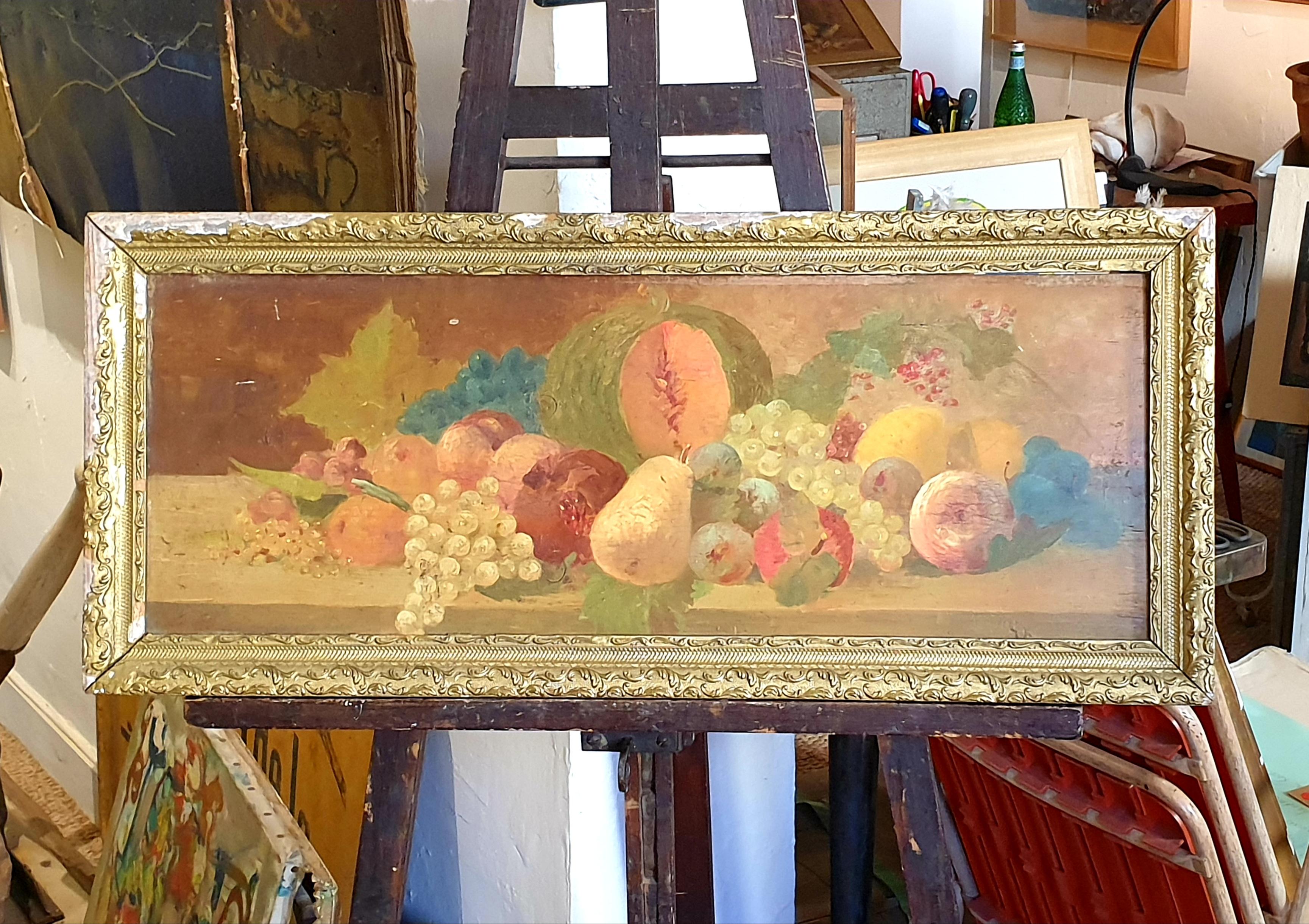 19th Century Overdoor Trumeau, Still Life Oil on Panel of a Cornucopia of Fruit. - Impressionist Painting by Unknown