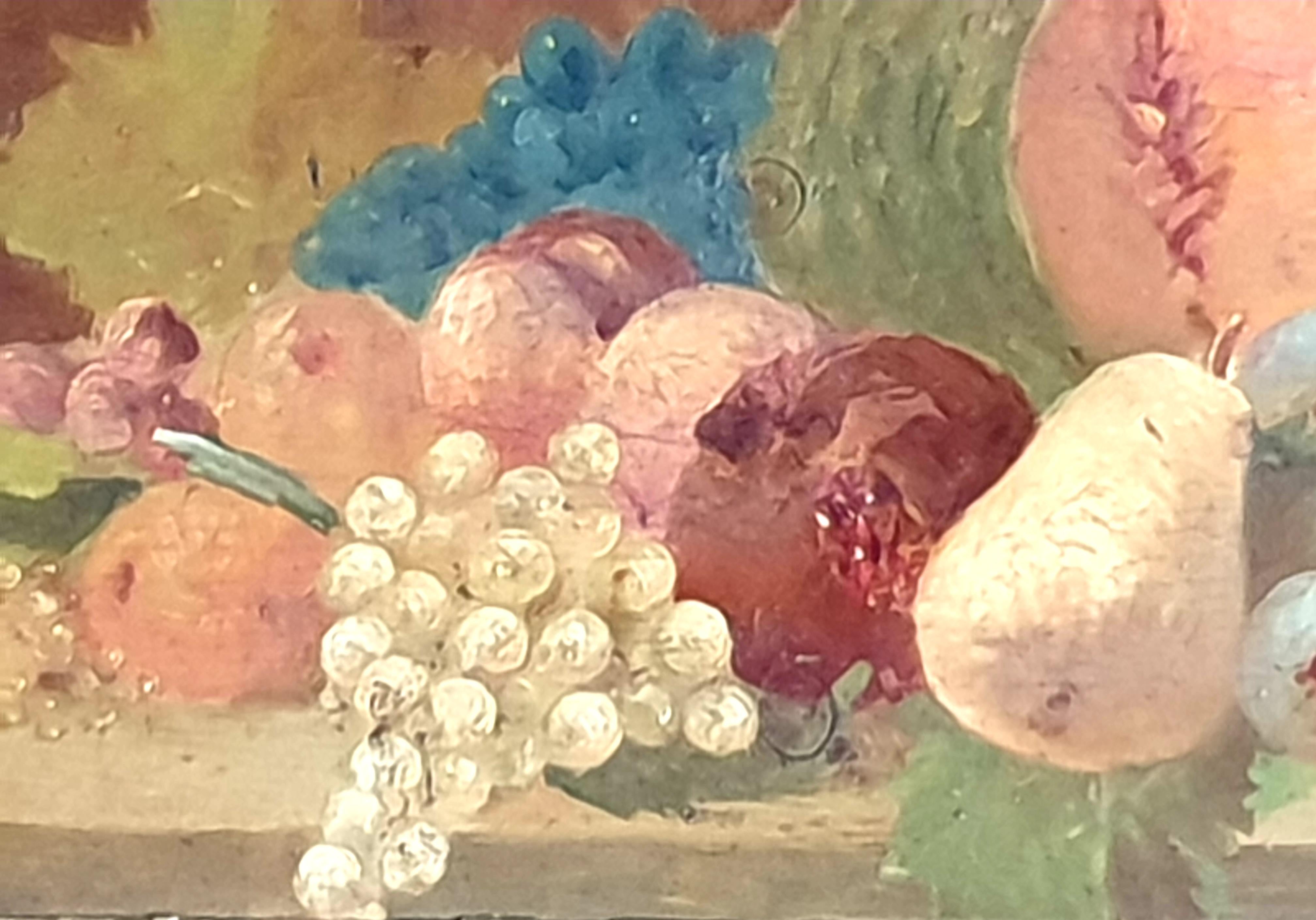 A 19th century oil on wood panel overdoor still life of a tablescape with fruits, presented in a period gilt frame.

A charming cornucopia from the belle époque period when artists were looking back towards 18th century classical style particularly