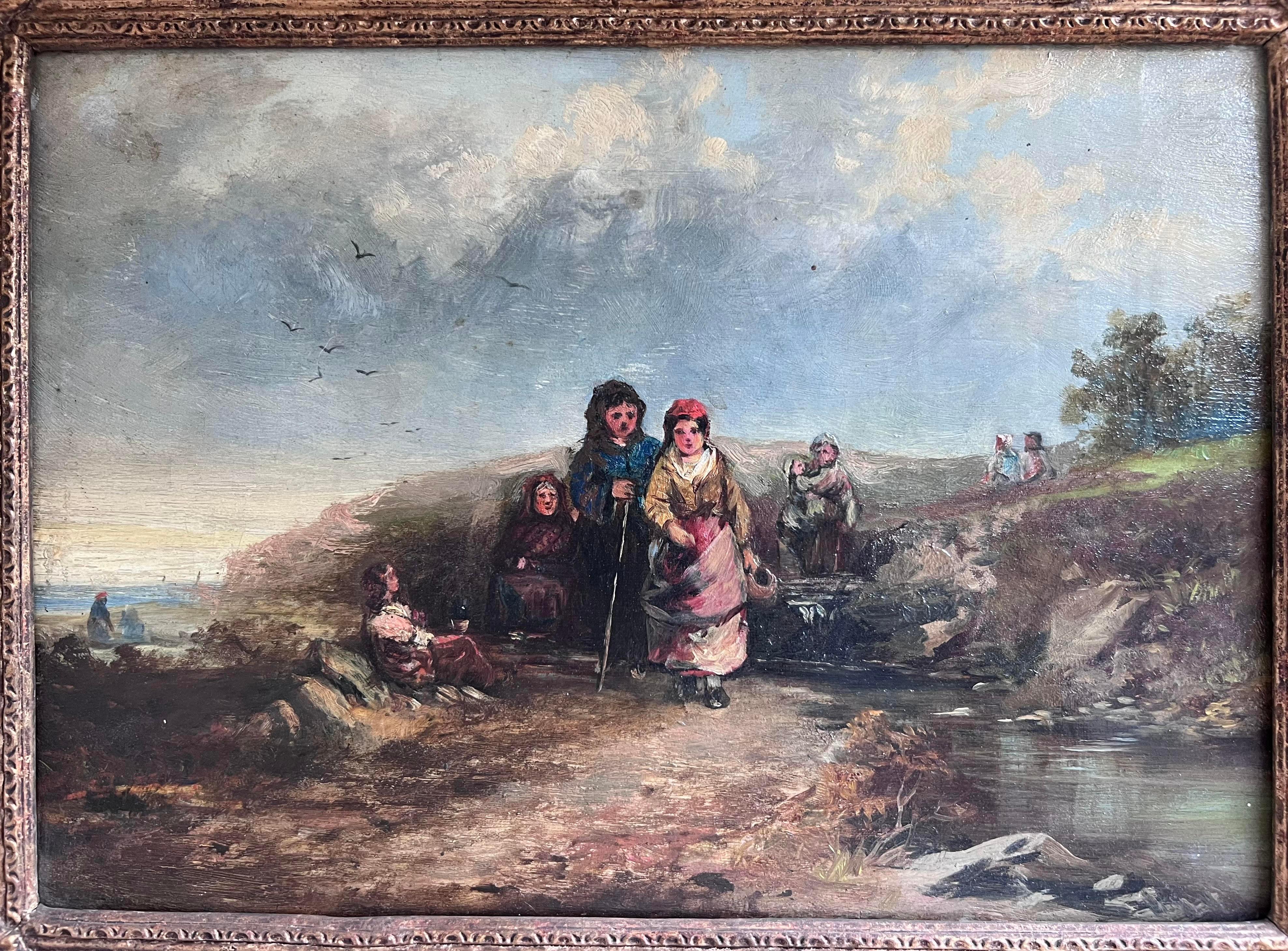 19th Century Painting of Women Crossing Stream  - Gray Figurative Painting by Unknown