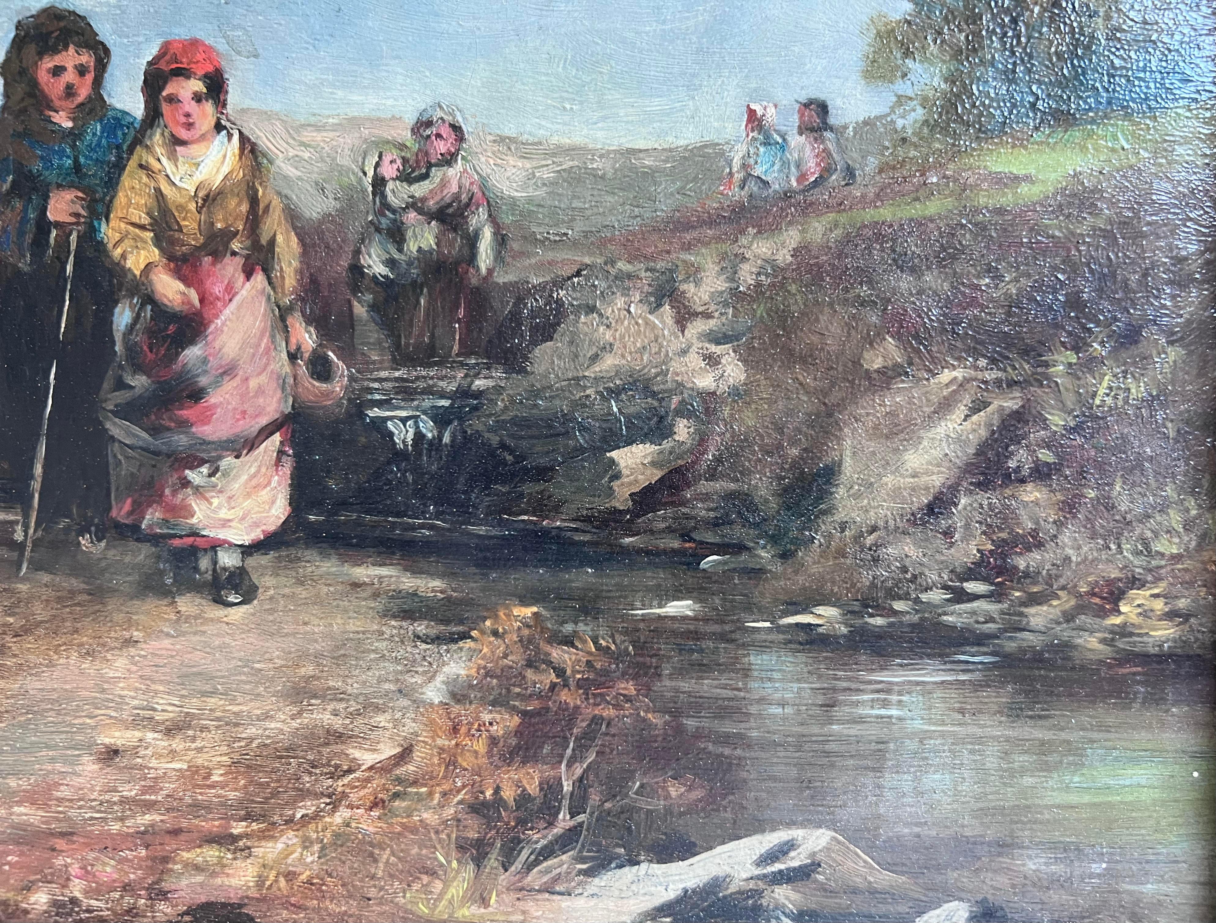 Peinture du 19ème siècle représentant des femmes traversant un ruisseau  - Gris Figurative Painting par Unknown