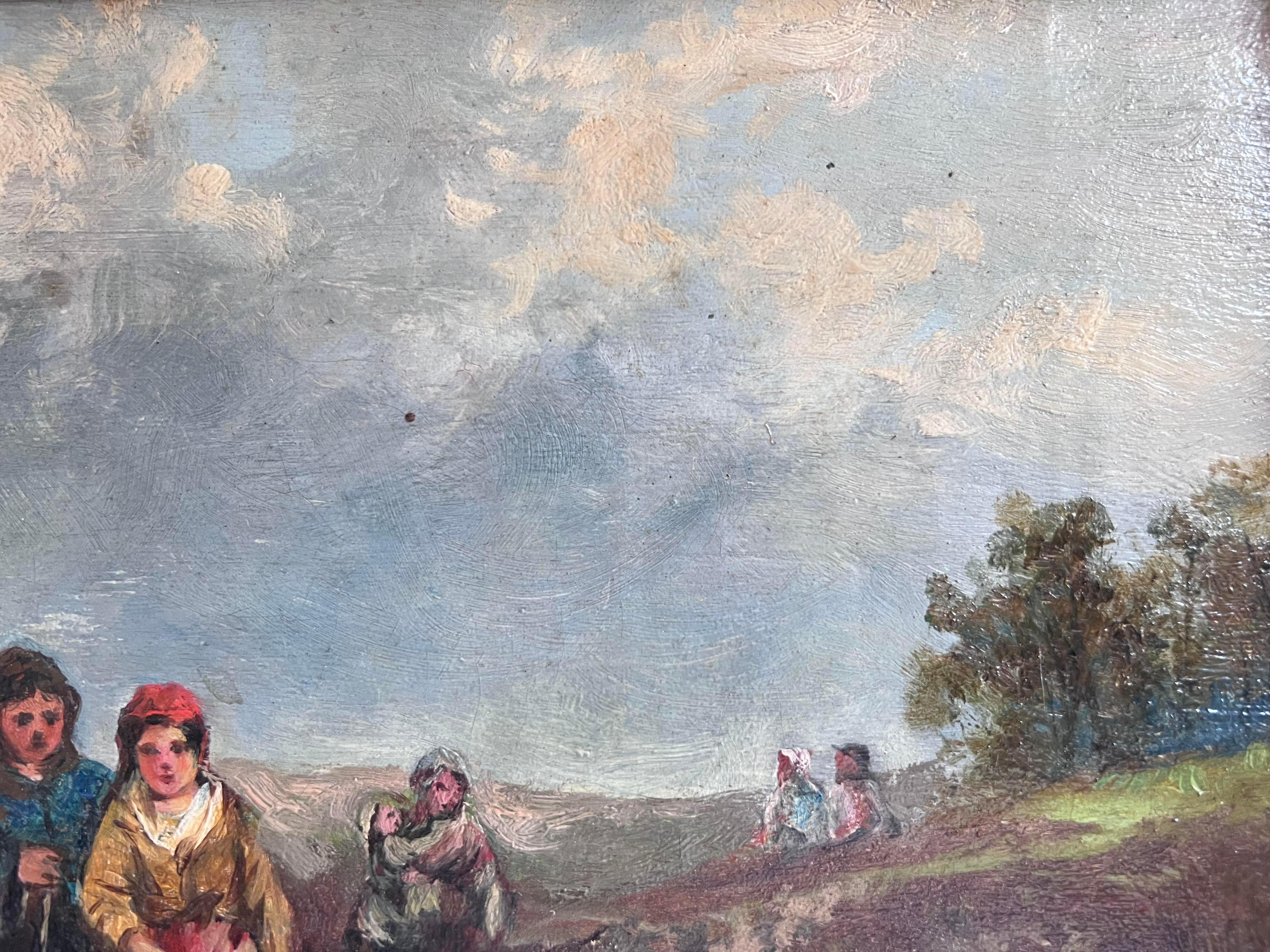 Peinture de style romantique représentant des personnages traversant un ruisseau dans un paysage côtier européen. La peinture date du 19ème siècle et est présumée être anglaise car l'œuvre est peinte sur un carton d'artiste anglais du 19ème siècle.