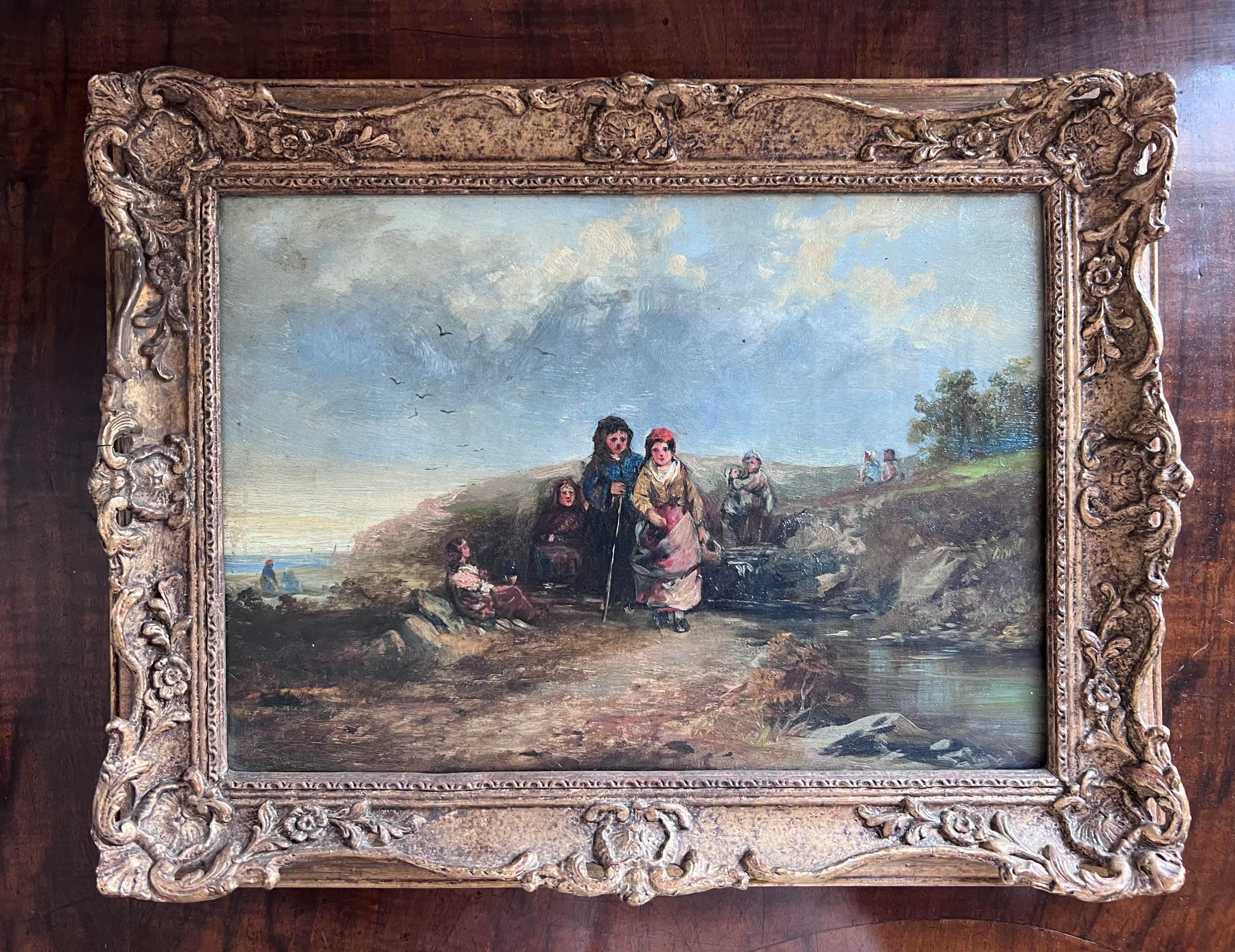 Unknown Figurative Painting - 19th Century Painting of Women Crossing Stream 