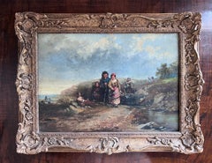 Antique 19th Century Painting of Women Crossing Stream 