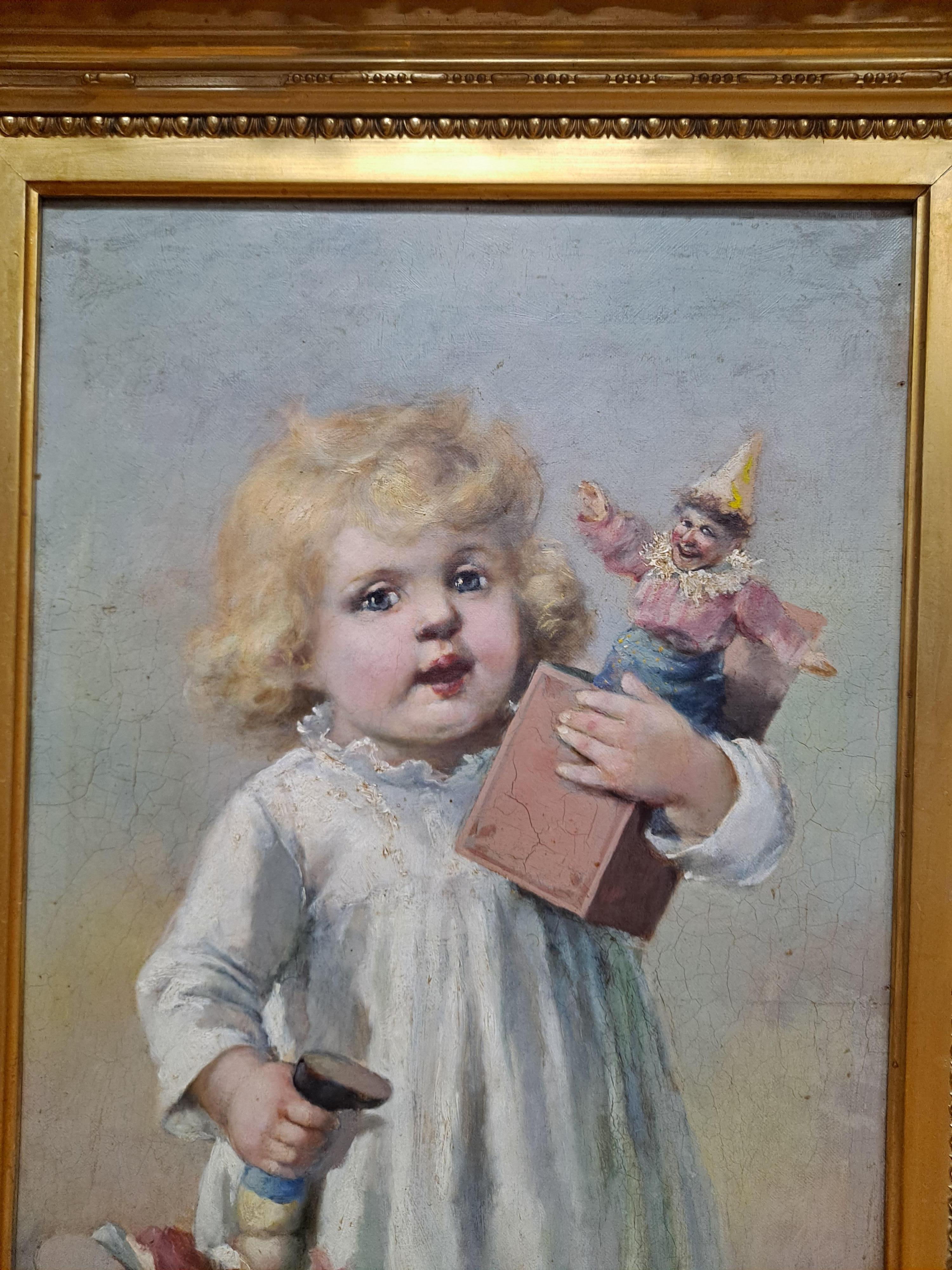 19th century Portrait Painting of Young Girl with Doll and Pop-up Toy For Sale 1