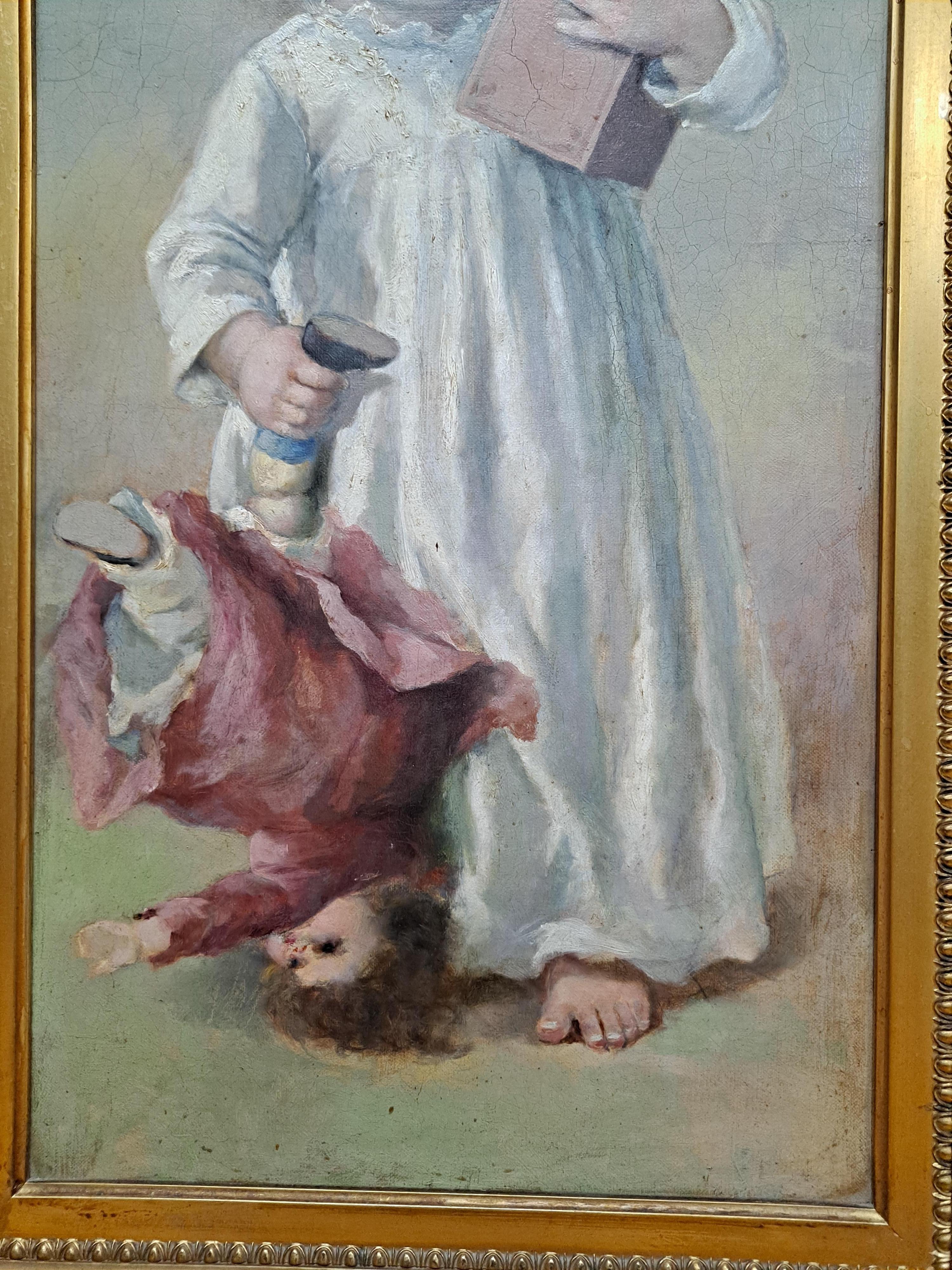 19th century Portrait Painting of Young Girl with Doll and Pop-up Toy For Sale 2