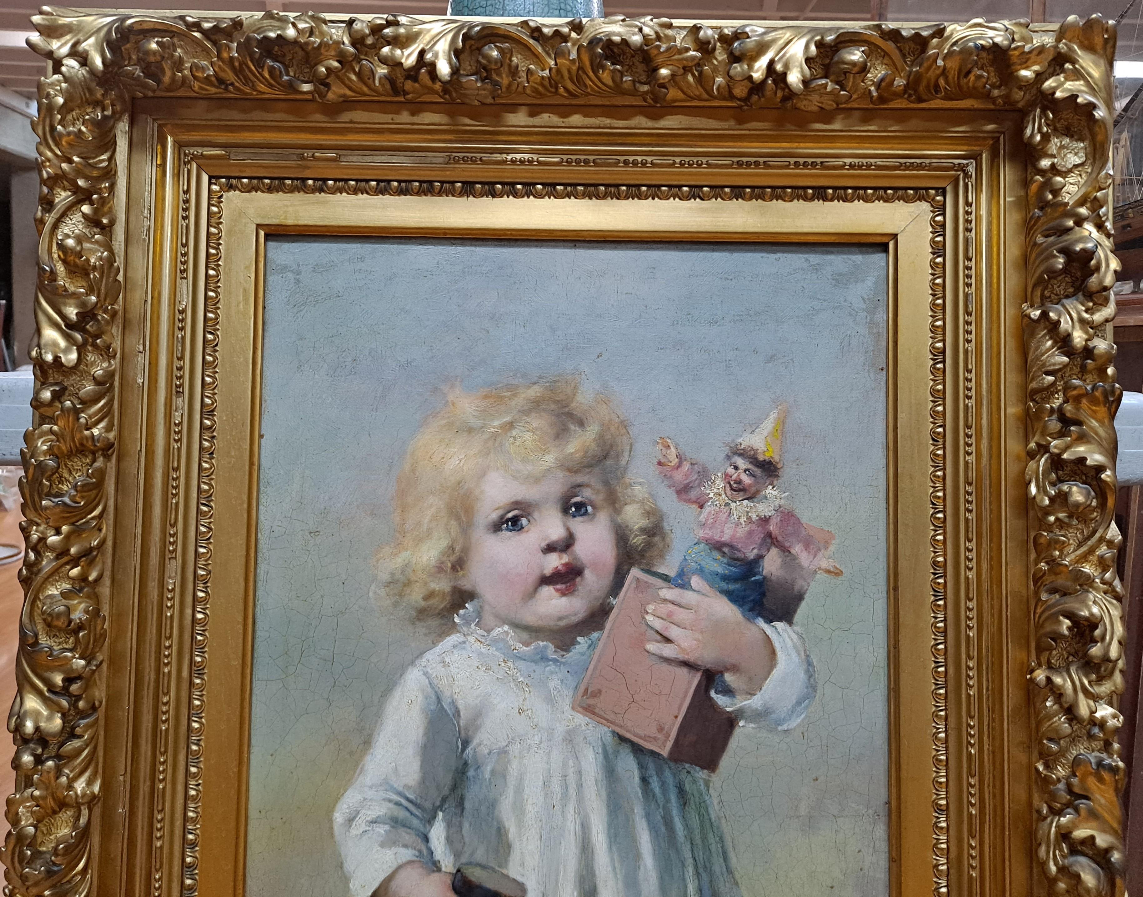 19th century Portrait Painting of Young Girl with Doll and Pop-up Toy For Sale 4