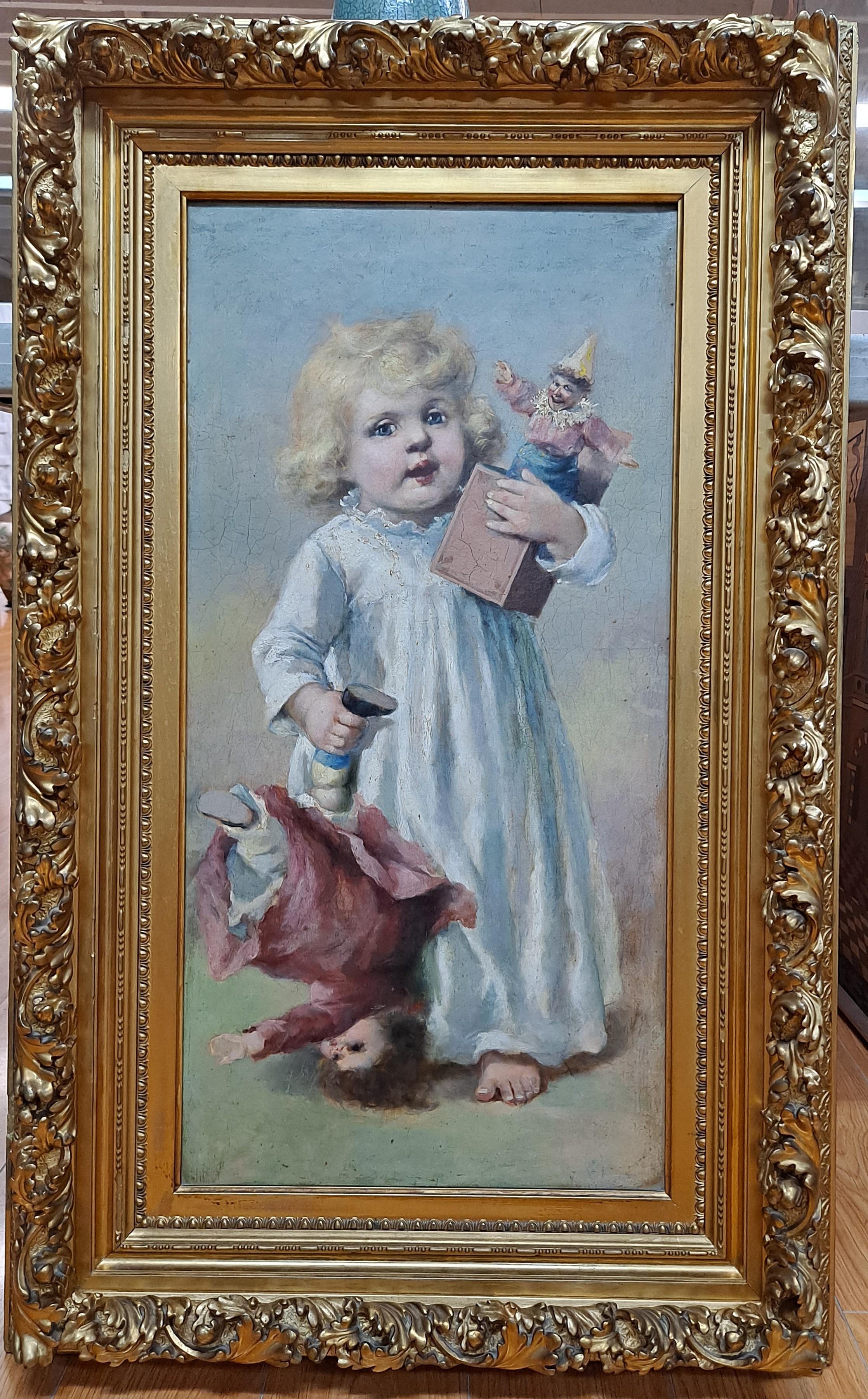 19th century Portrait painting of young girl with doll and pop-up toy

Beautiful carved in gilded frame

Oil on canvas

14 x 28 unframed

23.5 x 37.5 framed