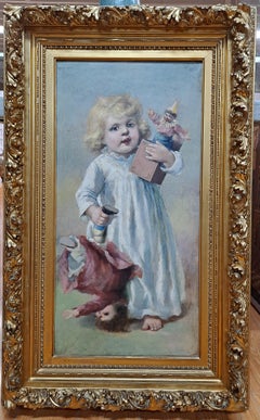 Antique 19th century Portrait Painting of Young Girl with Doll and Pop-up Toy