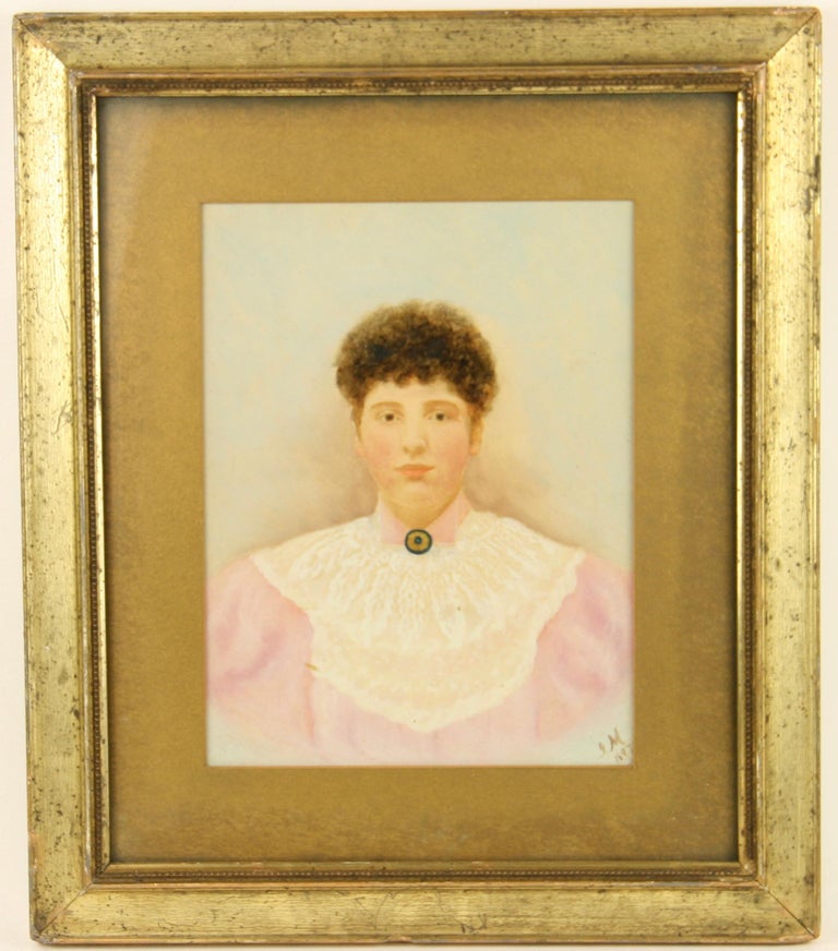 Antique American Portrait  Maiden Original Gold Frame ,Pastel Painting 1897 - Brown Portrait Painting by Unknown