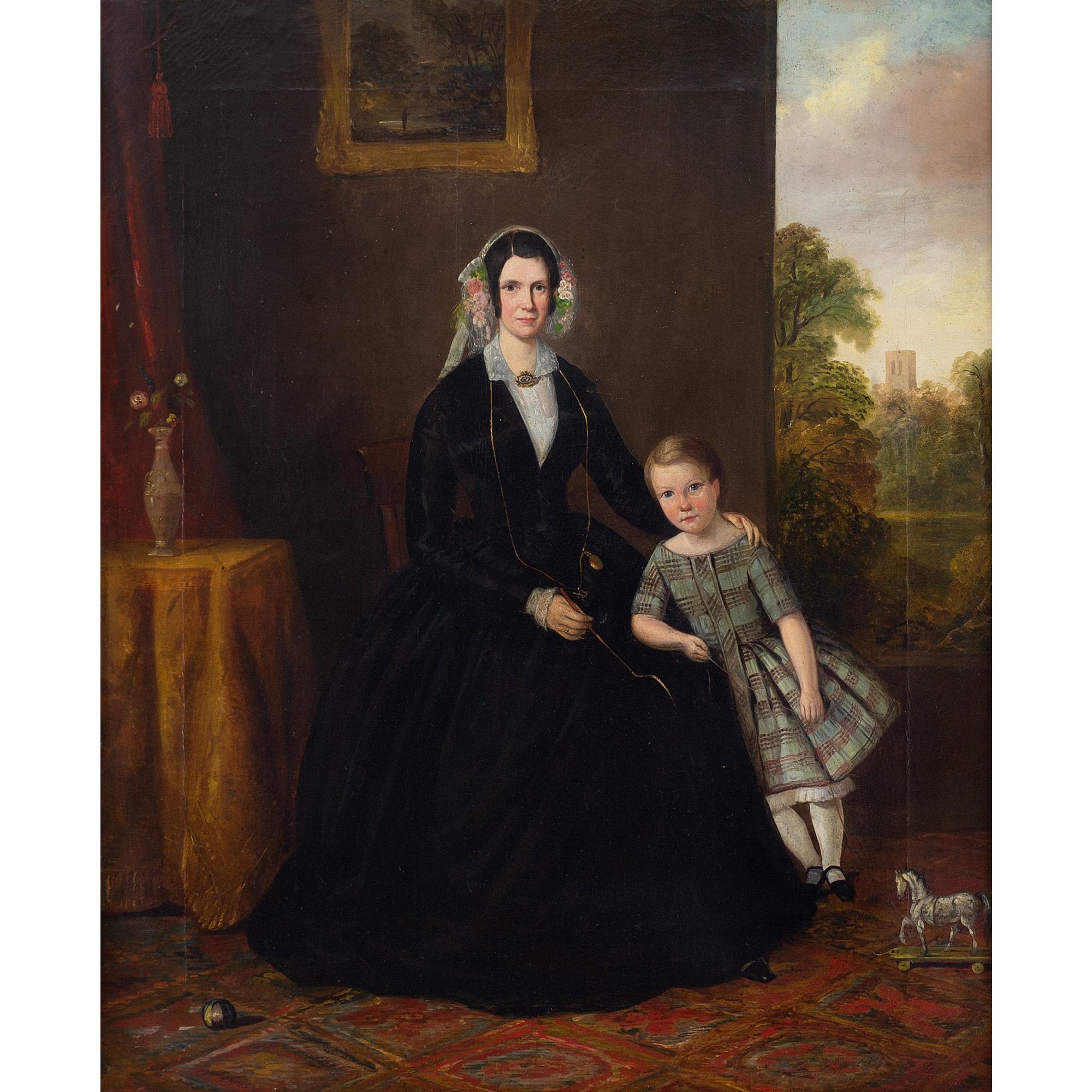 19th-Century Provincial British School Portrait Of A Mother & Child, Folk Art - Painting by Unknown