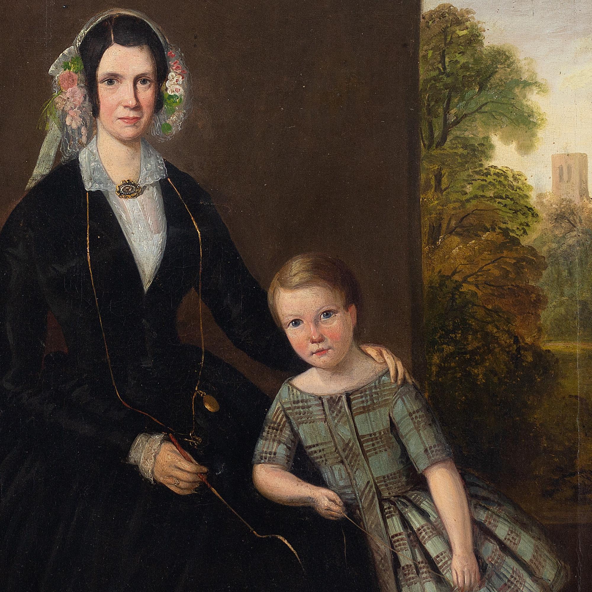 19th-Century Provincial British School Portrait Of A Mother & Child, Folk Art 1