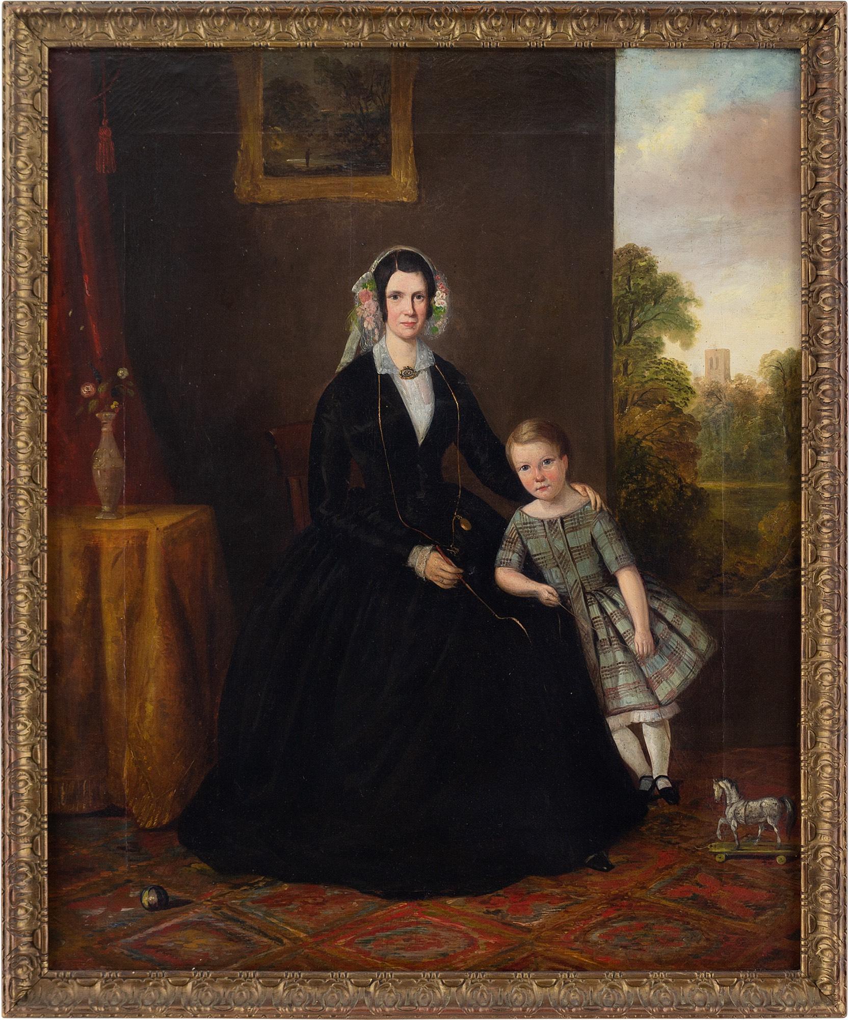 Unknown Portrait Painting - 19th-Century Provincial British School Portrait Of A Mother & Child, Folk Art