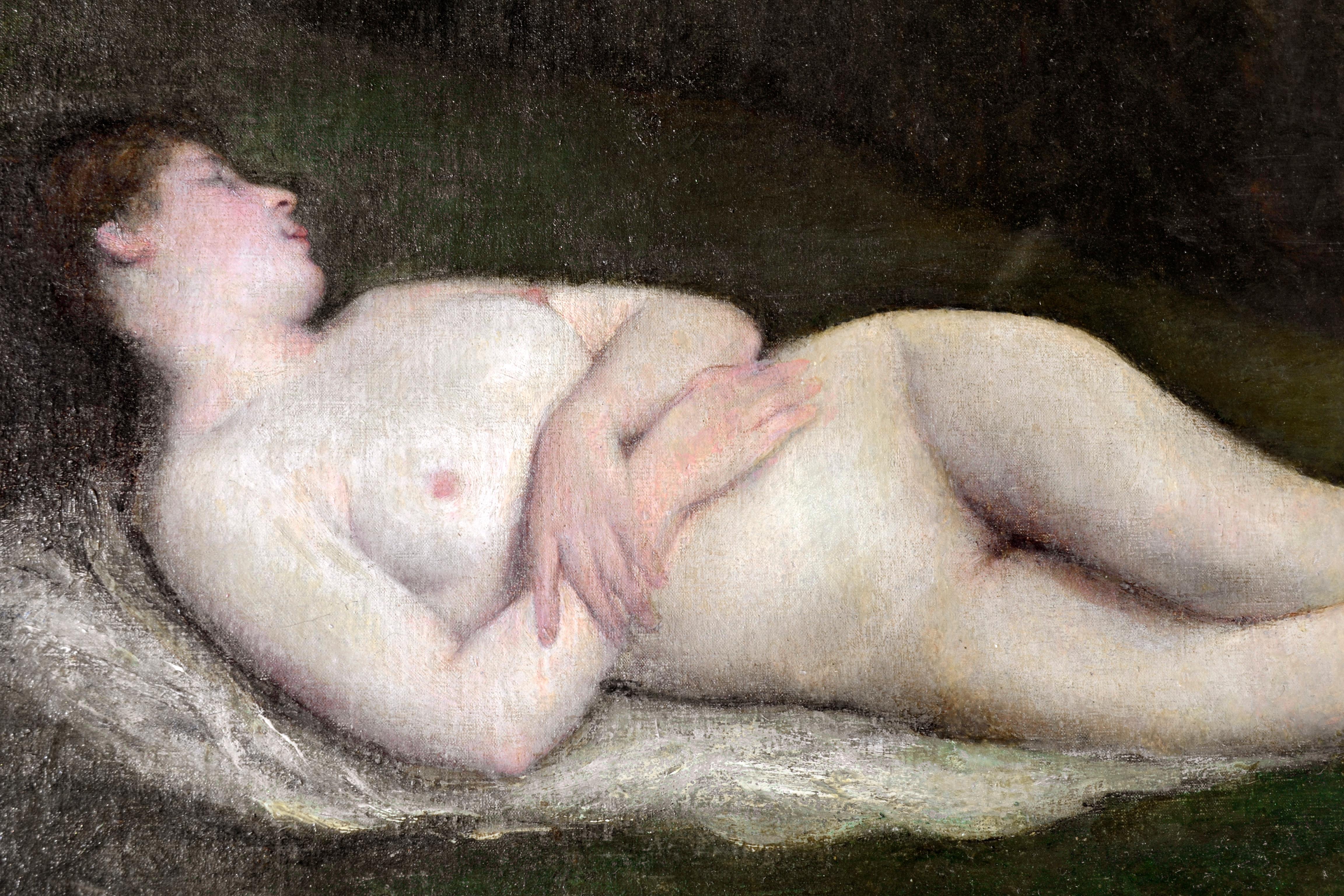 Figura femenina desnuda reclinada de la Escuela de California de finales del siglo XIX, obra de un artista anónimo del siglo XIX. En el estilo de William-Adolphe Bouguereau. Presentado en un marco de madera dorada. Tamaño de la imagen, 18 