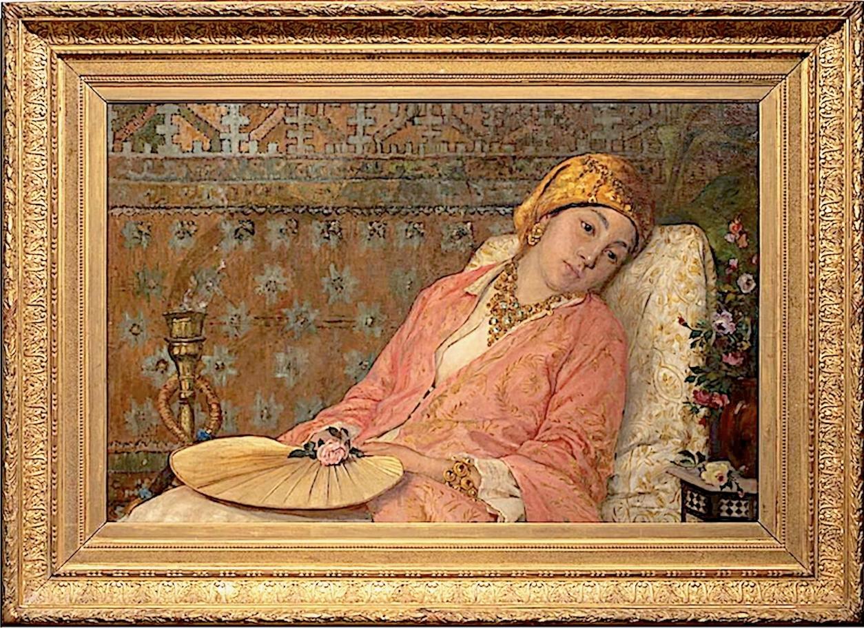 Figurative Painting di Unknown - Quadro orientalista del XIX secolo con odalisca sdraiata