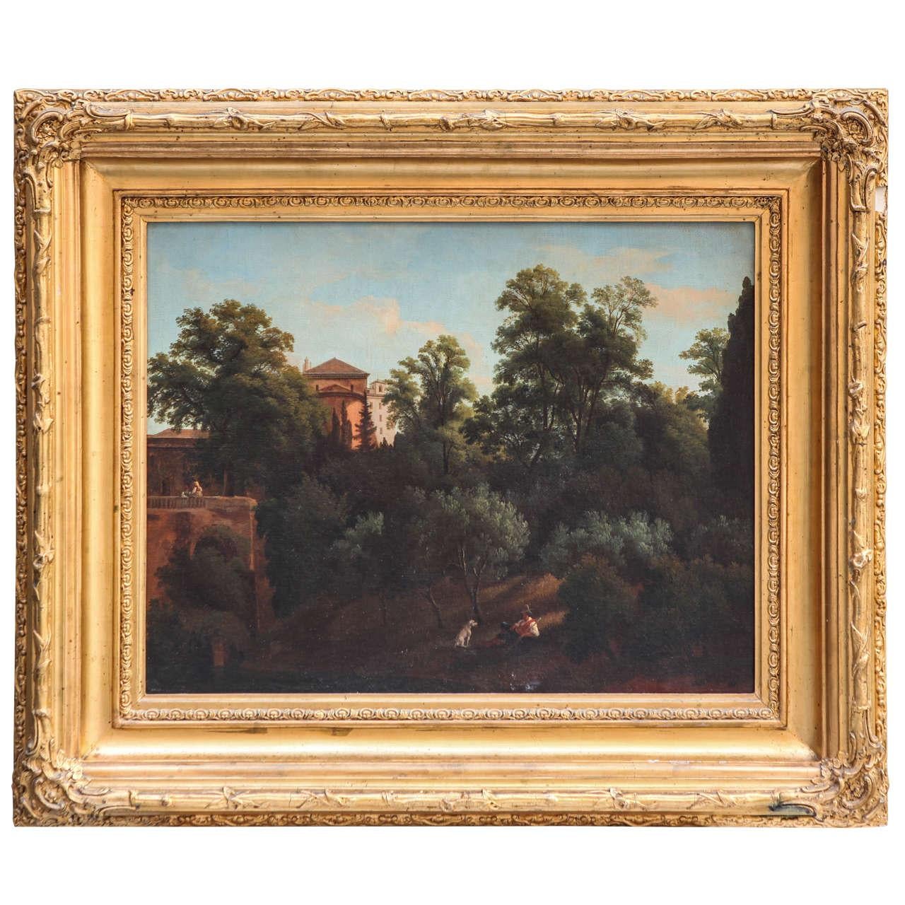 Romantische Landschaft des 19. Jahrhunderts, Öl auf Leinwand mit Rahmen aus vergoldetem Holz – Painting von Unknown