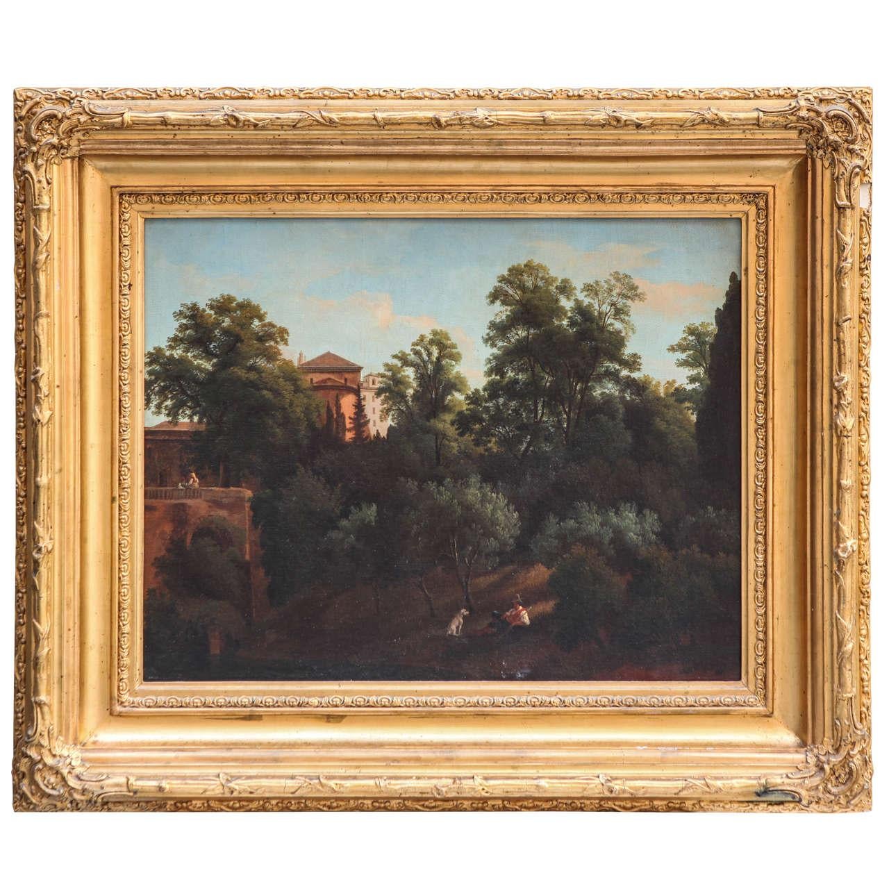 Paysage romain du 19e siècle huile sur toile avec cadre en bois doré - Painting de Unknown