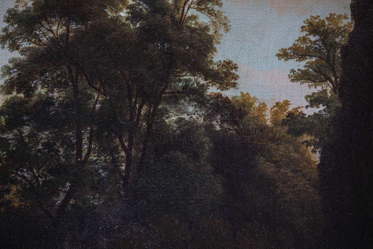 Romantische Landschaft des 19. Jahrhunderts, Öl auf Leinwand mit Rahmen aus vergoldetem Holz (Braun), Figurative Painting, von Unknown