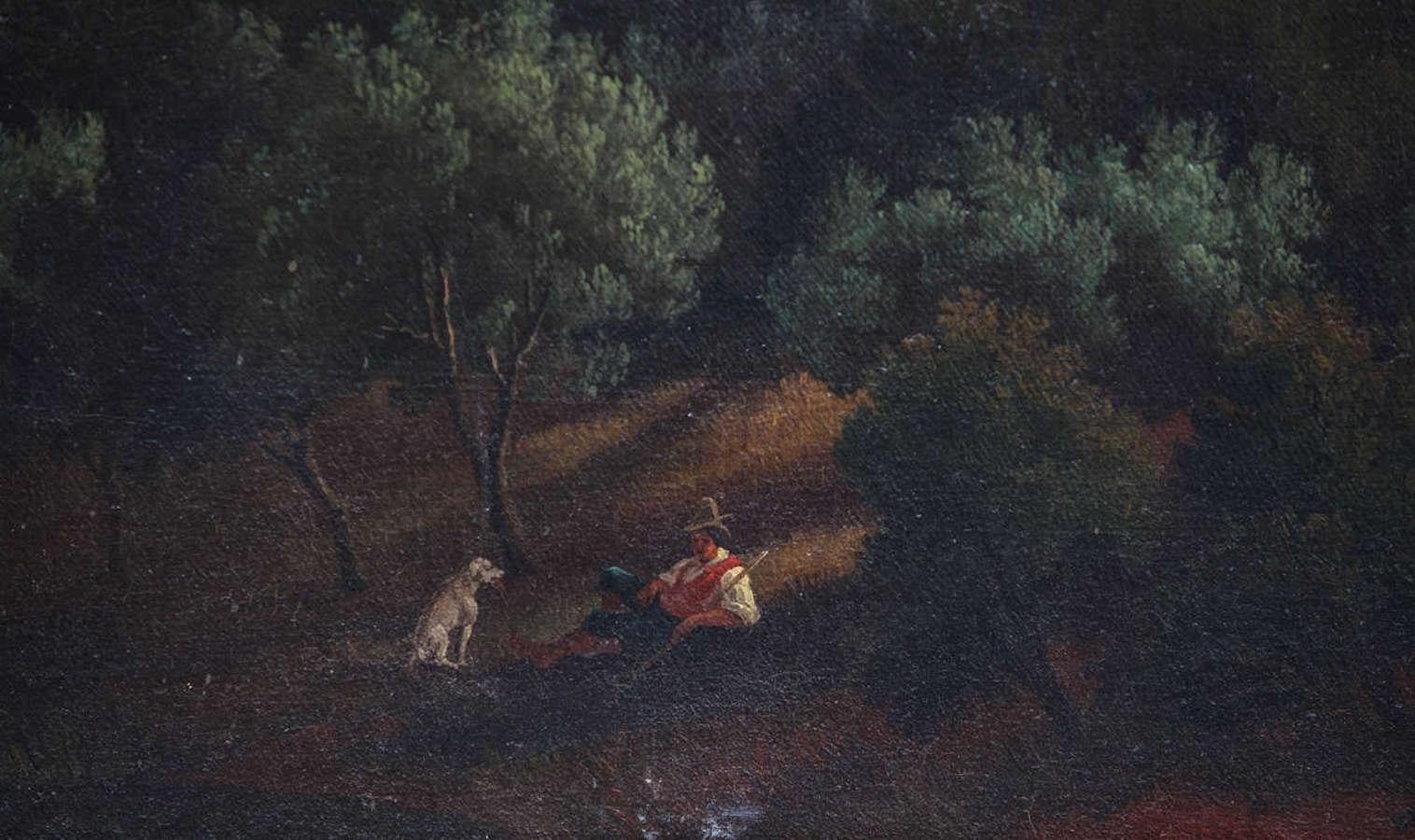 Le 19e siècle est impressionnant  Paysage romain représentant une partie de la  Villa Borghese avec Trinità dei Montys.
Avec un cadre coeval en bois doré finement sculpté.
 Dimensions avec cadre cm 65 x78  sans cadre cm 43x56