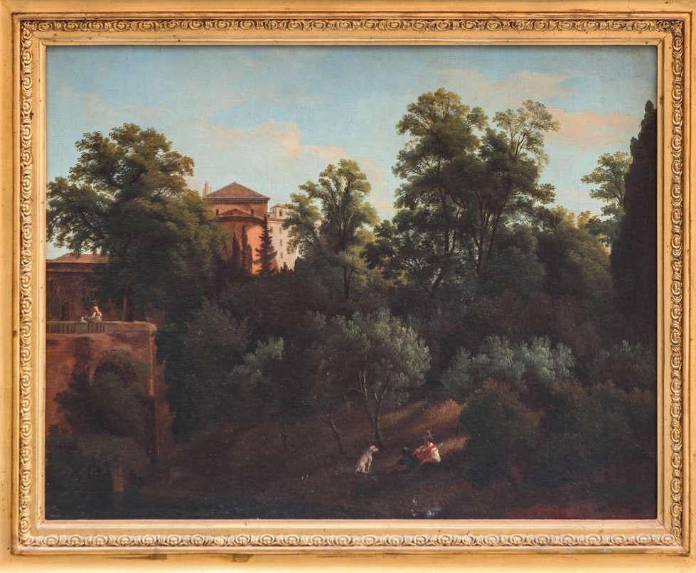 Paysage romain du 19e siècle huile sur toile avec cadre en bois doré en vente 1