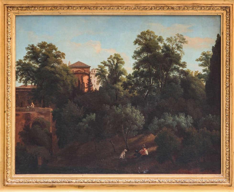 Amaizing 19' century  Roman landscape depicting a part of  Villa Borghese with Trinità dei Monti.
With a finely carved gilt wood coeval frame.
 Measurements with frame cm 65 x78  without frame cm 43x56