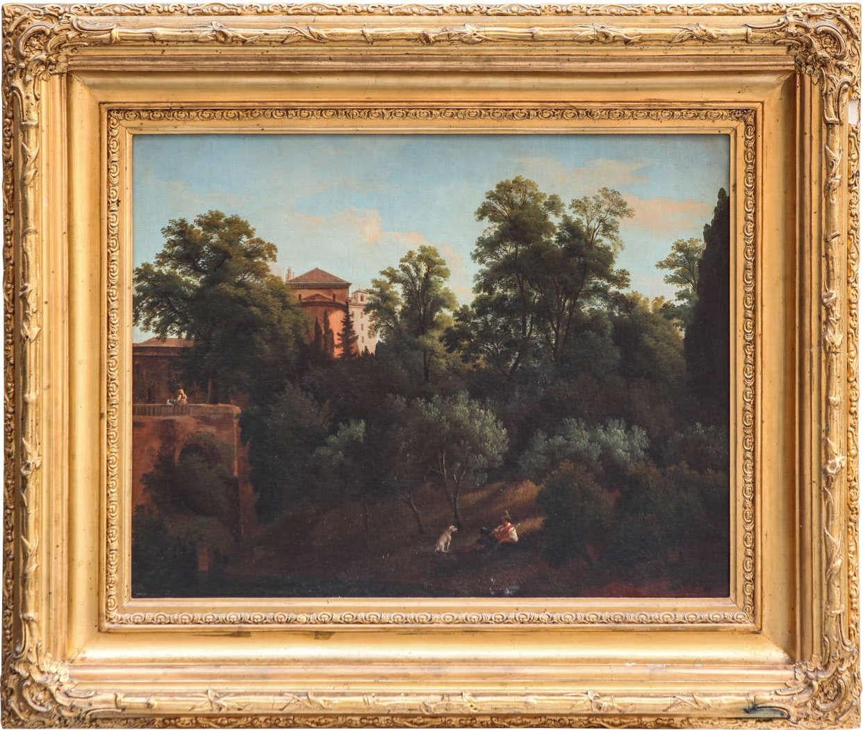 Unknown Figurative Painting – Romantische Landschaft des 19. Jahrhunderts, Öl auf Leinwand mit Rahmen aus vergoldetem Holz