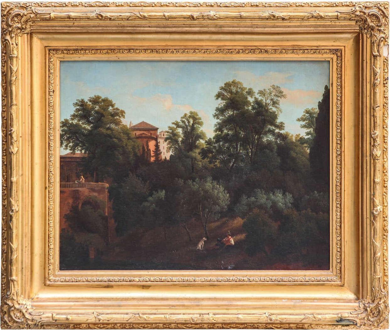Paesaggio romano del XIX secolo olio su tela con cornice in legno dorato