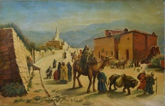 Orientalismo romantico del XIX secolo - Paesaggio urbano orientale - Scena di strada affollata - Olio su tela