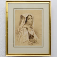 Retrato romántico del siglo XIX: joven con traje tradicional. Técnica mixta sobre papel, enmarcado