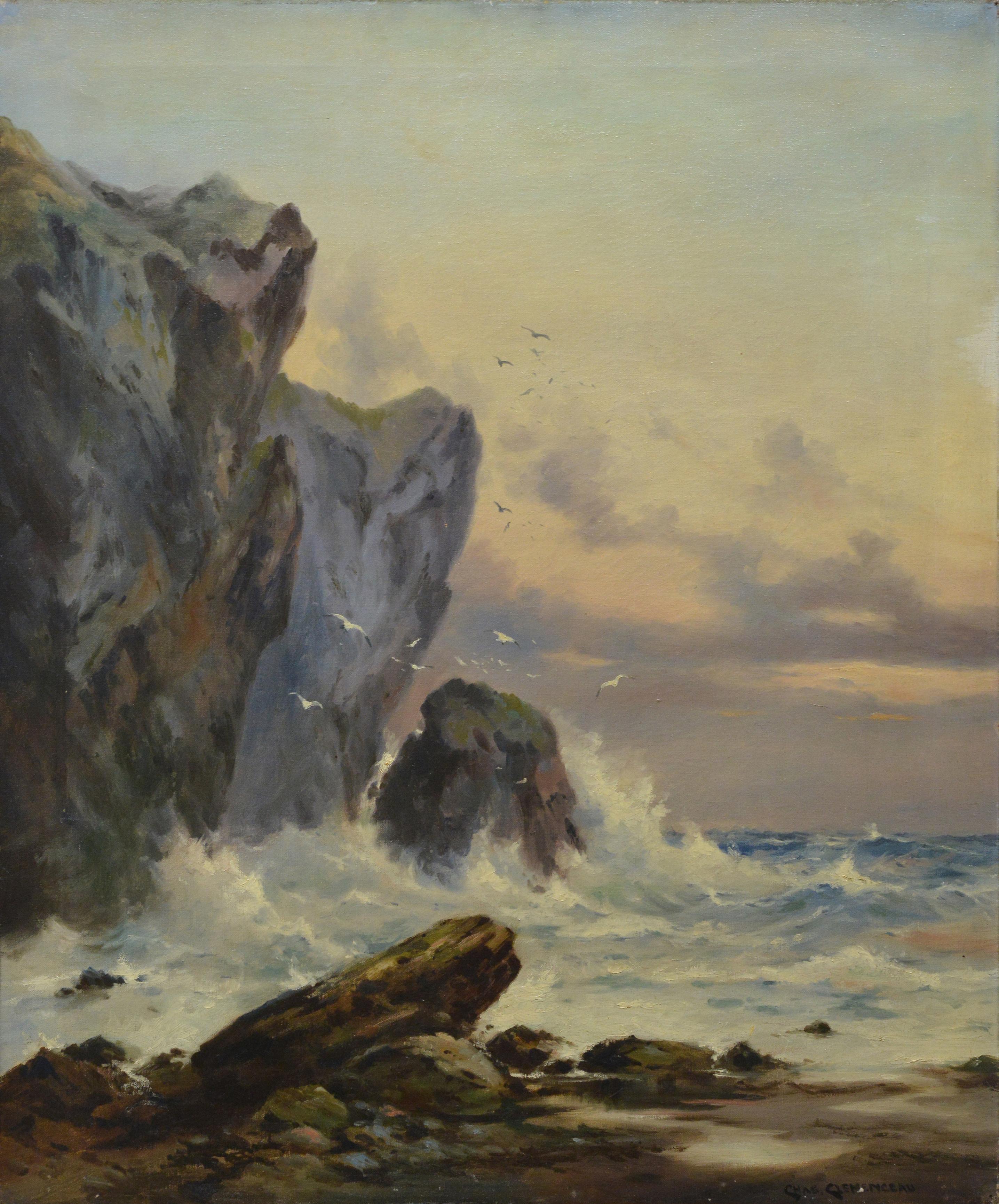 Unknown Landscape Painting - 19th Century Romantic Seascape Oil Painting Waves Crashing Coastal Cliffs Signed