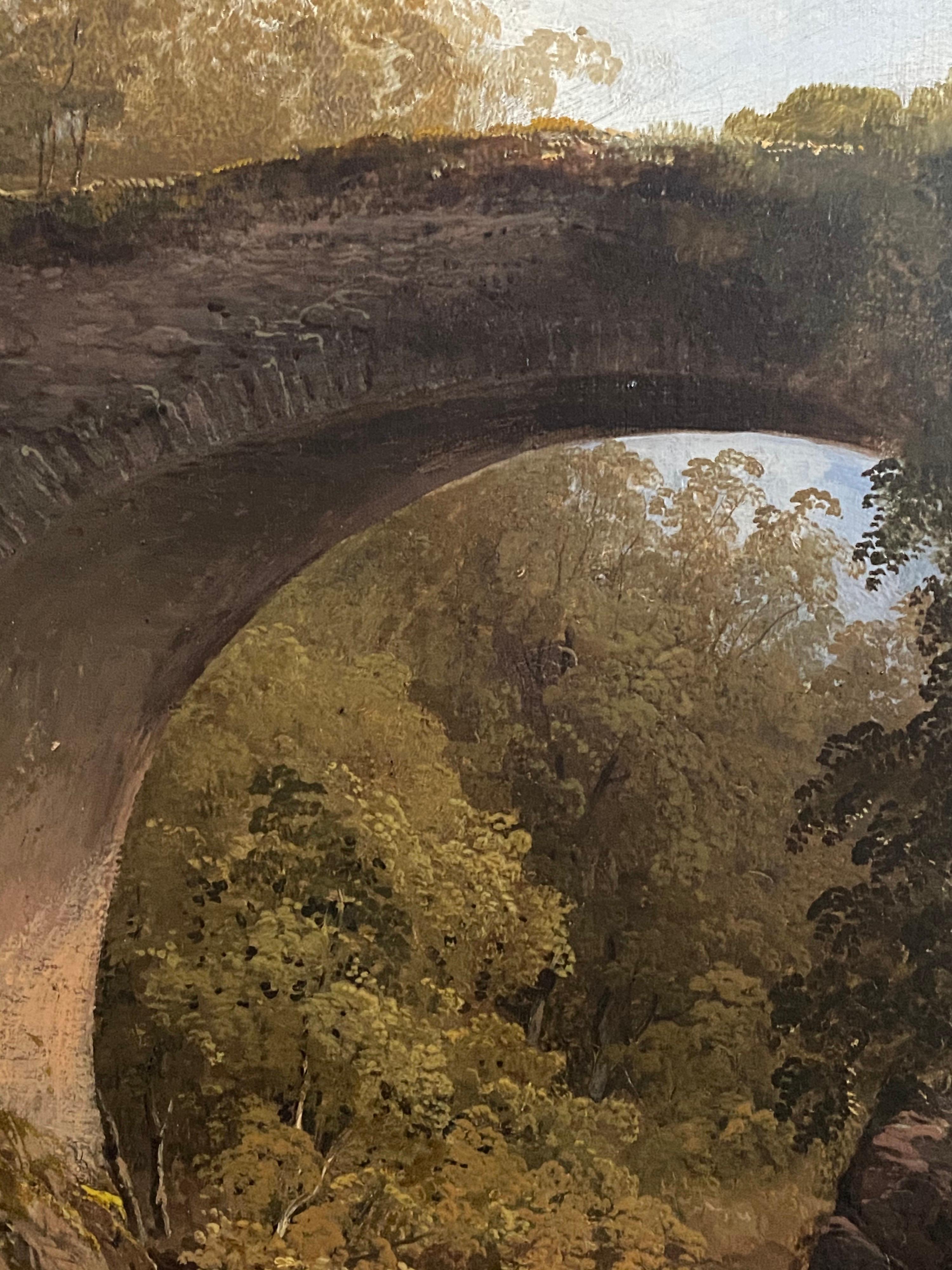 19th century Scottish wooded landscape with stone bridge over a flowing river - Victorian Painting by Frances Stoddart