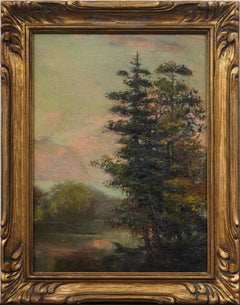 19th Century Serene Pine Forest Sunset Lake Landscape Framed Antique Painting 19th Century Serene Pine Forest Sunset Lake Landscape Framed Antique Painting