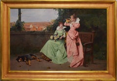 19th Century Signed Antique Paris School Genre Portrait Painting with a Dog
