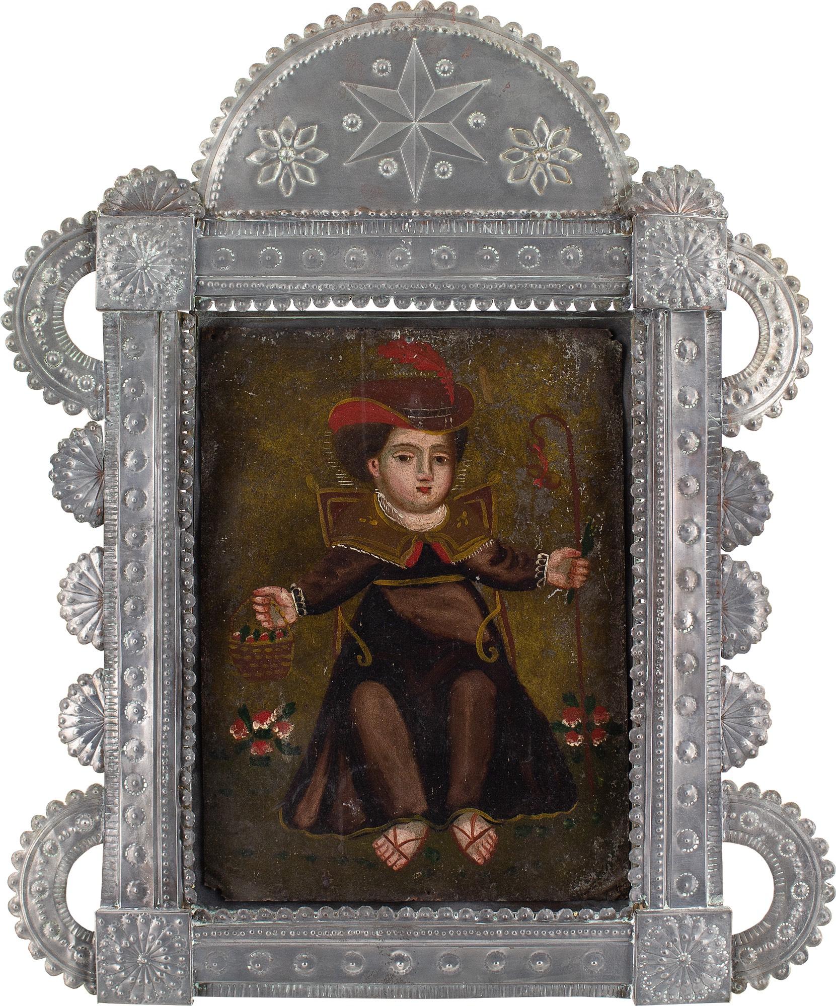 Unknown Portrait Painting – Spanische Kolonialschule des 19. Jahrhunderts, Retablo, El Nino de Atocha